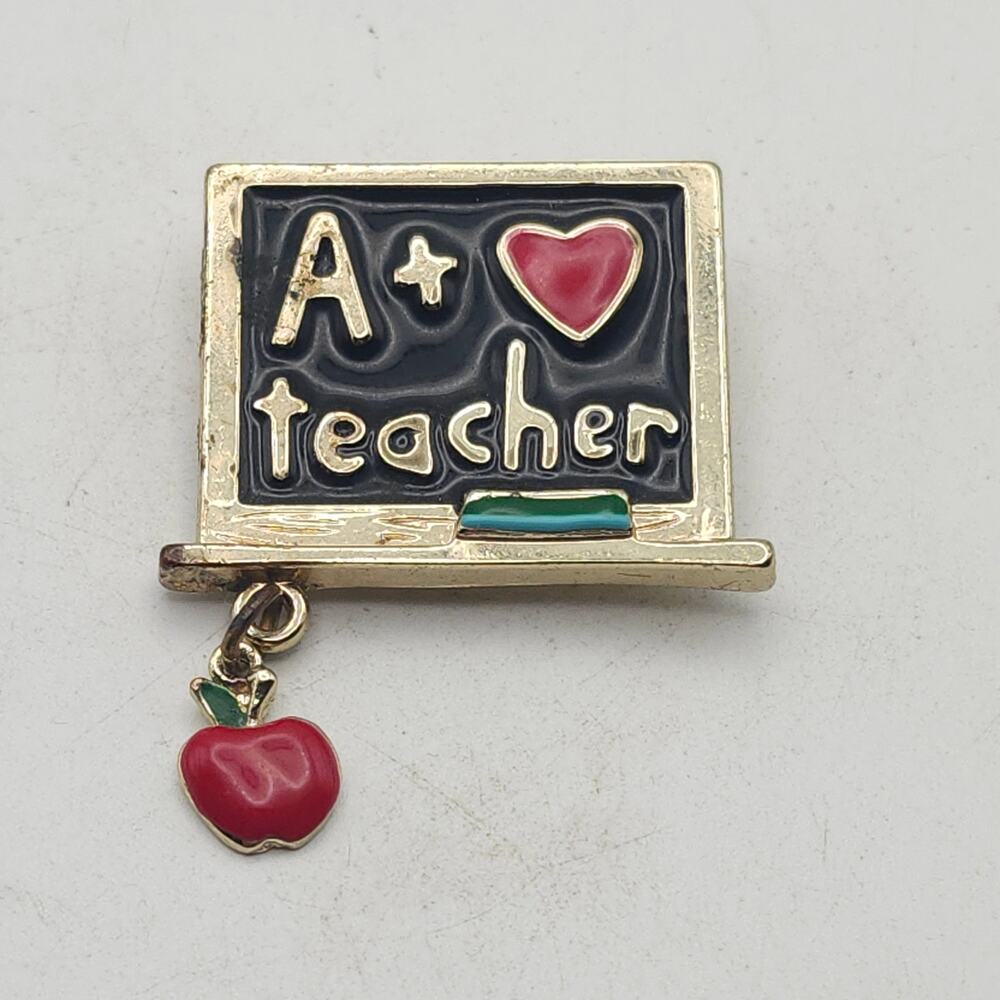 A+ Teacher Chalkboard Apple Dangle Brooch Pin Gold Tone Enamel Classroom Gift